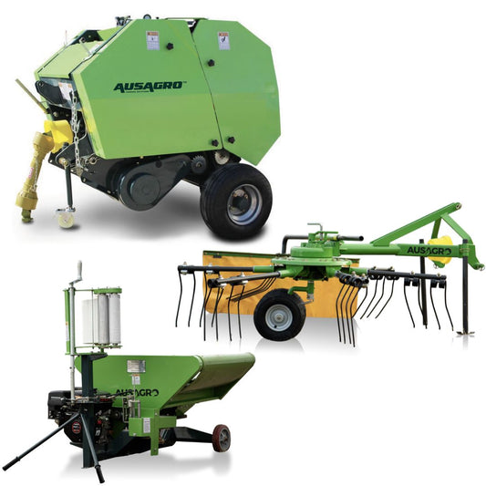 Mini Round Hay Baler, Hay Rake Tedder & Hay Wrapper Combo